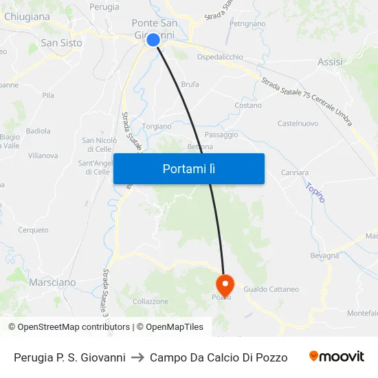 Perugia P. S. Giovanni to Campo Da Calcio Di Pozzo map