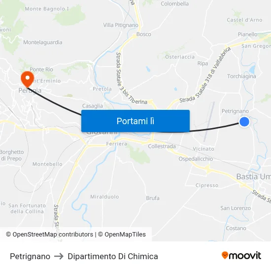 Petrignano to Dipartimento Di Chimica map