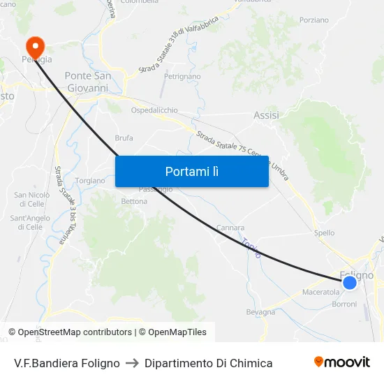 V.F.Bandiera Foligno to Dipartimento Di Chimica map