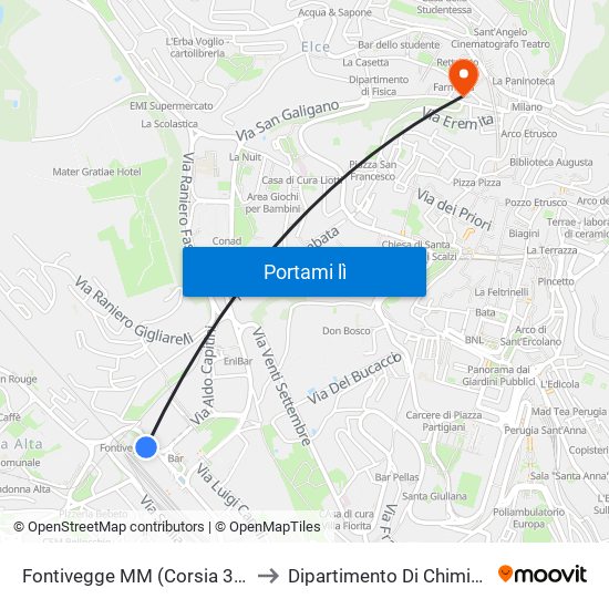 Fontivegge M​M (Corsia 3a) to Dipartimento Di Chimica map