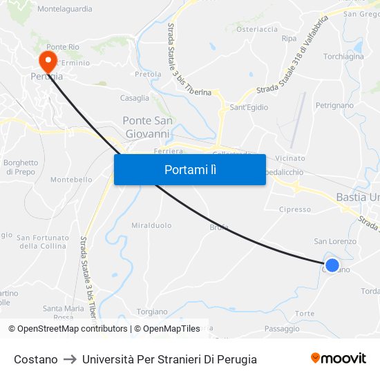 Costano to Università Per Stranieri Di Perugia map