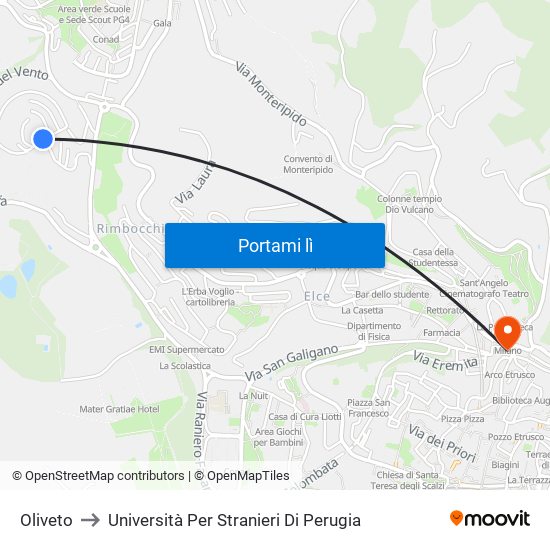 Oliveto to Università Per Stranieri Di Perugia map