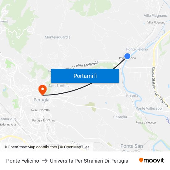 Ponte Felicino to Università Per Stranieri Di Perugia map