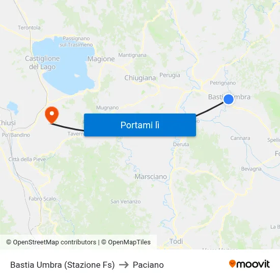 Bastia Umbra (Stazione Fs) to Paciano map