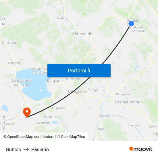 Gubbio to Paciano map