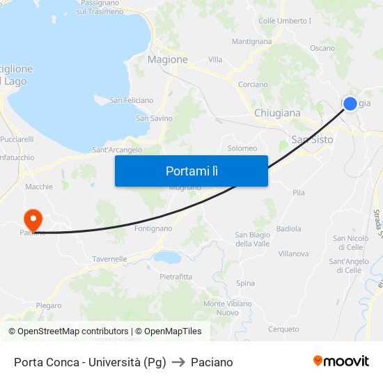 Porta Conca - Università (Pg) to Paciano map