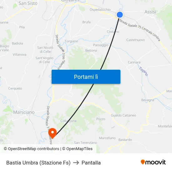Bastia Umbra (Stazione Fs) to Pantalla map