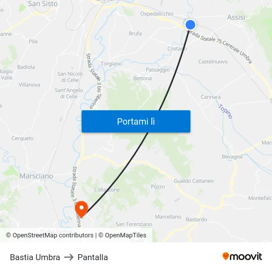 Bastia Umbra to Pantalla map