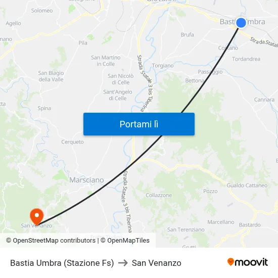 Bastia Umbra (Stazione Fs) to San Venanzo map