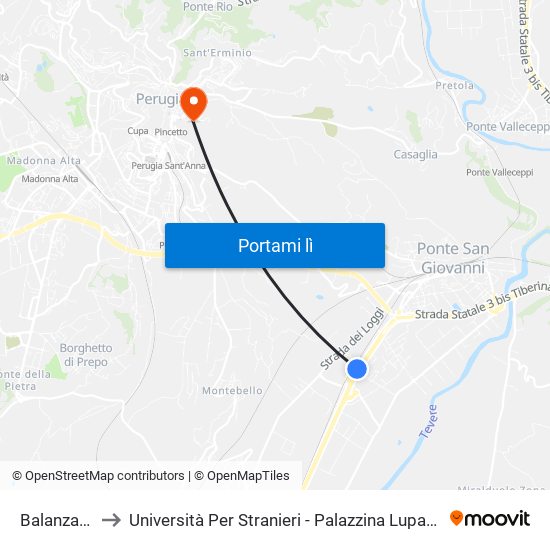 Balanzano to Università Per Stranieri - Palazzina Lupattelli map