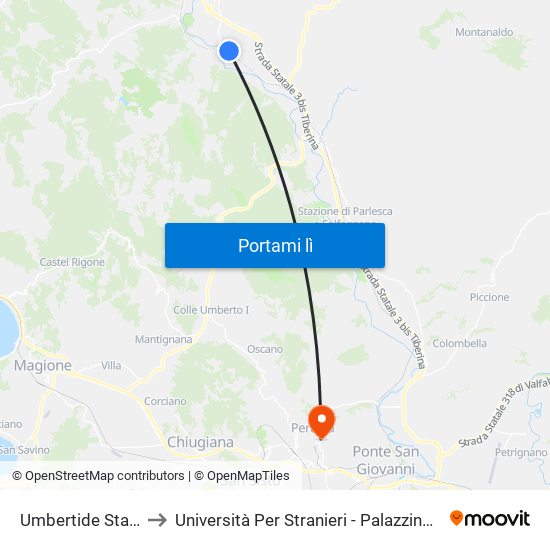Umbertide Stazione to Università Per Stranieri - Palazzina Lupattelli map