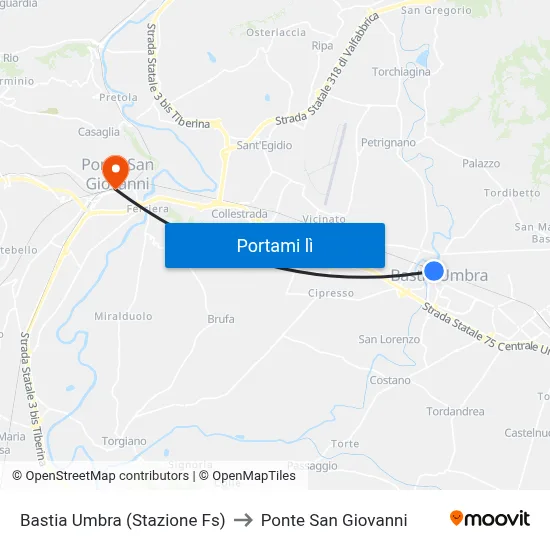 Bastia Umbra (Stazione Fs) to Ponte San Giovanni map