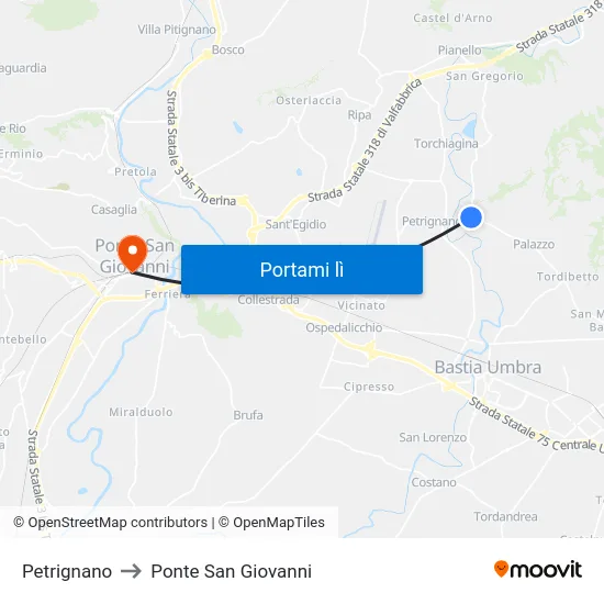 Petrignano to Ponte San Giovanni map