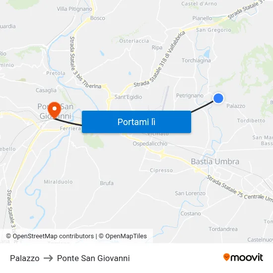 Palazzo to Ponte San Giovanni map