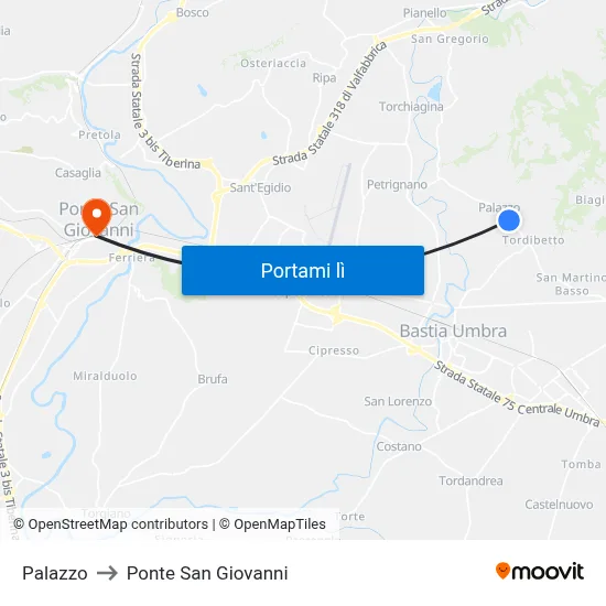 Palazzo to Ponte San Giovanni map