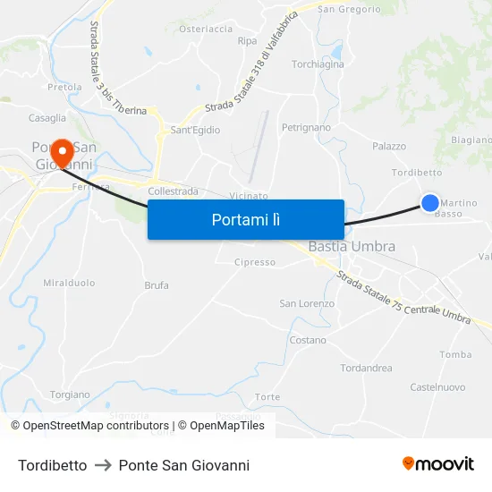 Tordibetto to Ponte San Giovanni map