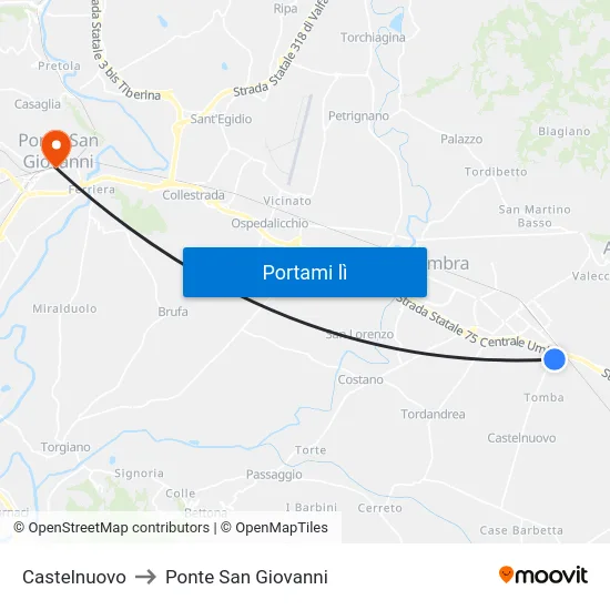 Castelnuovo to Ponte San Giovanni map