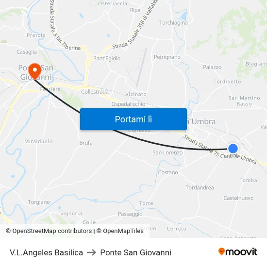 V.L.Angeles Basilica to Ponte San Giovanni map