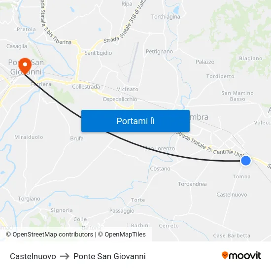 Castelnuovo to Ponte San Giovanni map