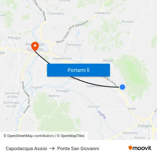 Capodacqua Assisi to Ponte San Giovanni map