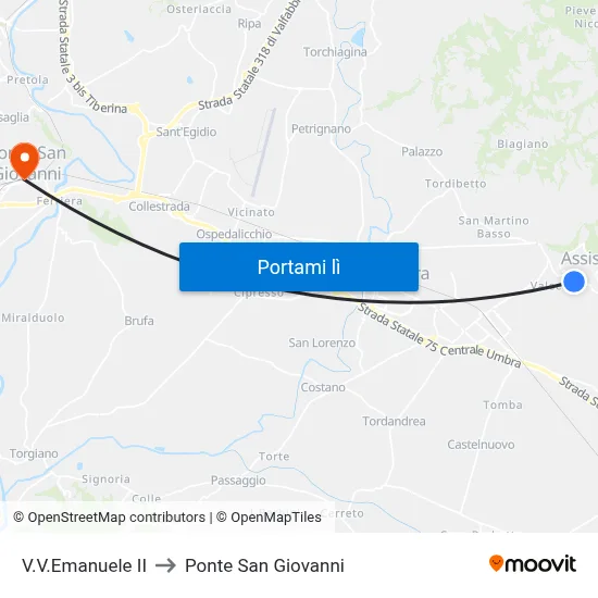 V.V.Emanuele II to Ponte San Giovanni map