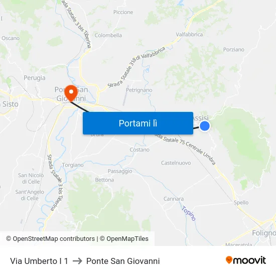 Via Umberto I 1 to Ponte San Giovanni map