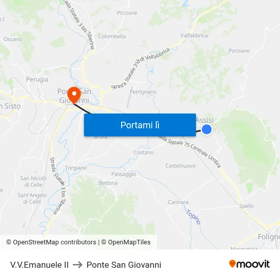 V.V.Emanuele II to Ponte San Giovanni map