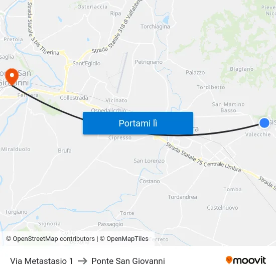 Via Metastasio 1 to Ponte San Giovanni map