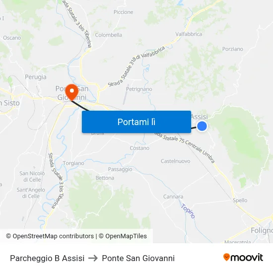 Parcheggio B Assisi to Ponte San Giovanni map