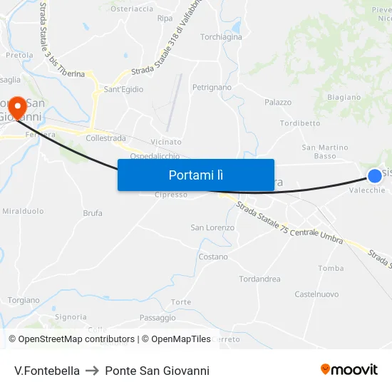 V.Fontebella to Ponte San Giovanni map