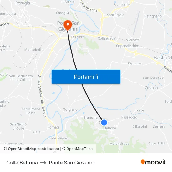 Colle Bettona to Ponte San Giovanni map
