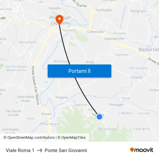 Viale Roma 1 to Ponte San Giovanni map