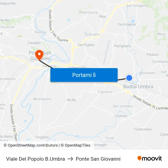 Viale Del Popolo B.Umbra to Ponte San Giovanni map