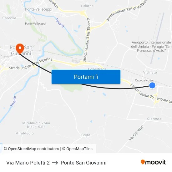 Via Mario Poletti 2 to Ponte San Giovanni map