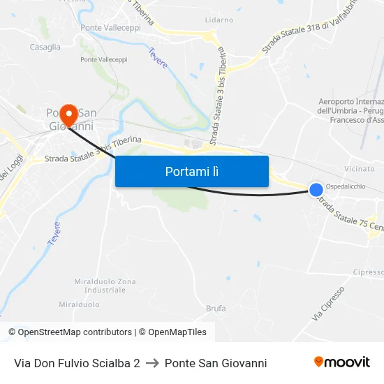 Via Don Fulvio Scialba 2 to Ponte San Giovanni map