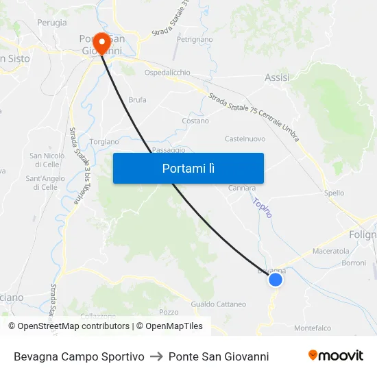 Bevagna Campo Sportivo to Ponte San Giovanni map