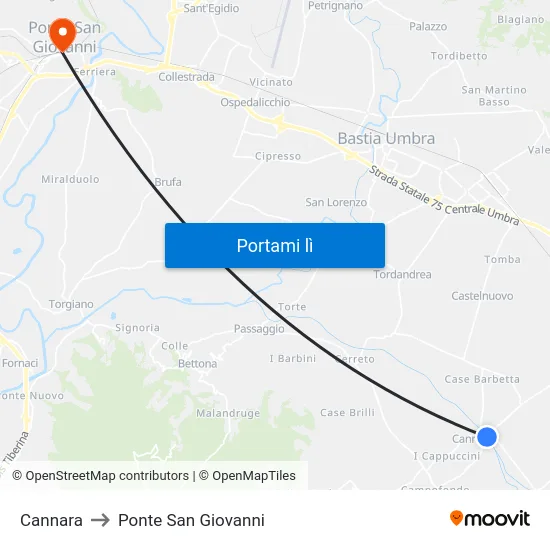 Cannara to Ponte San Giovanni map