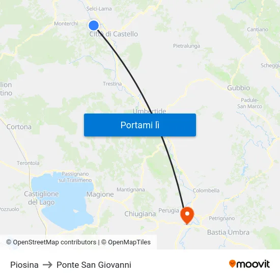 Piosina to Ponte San Giovanni map