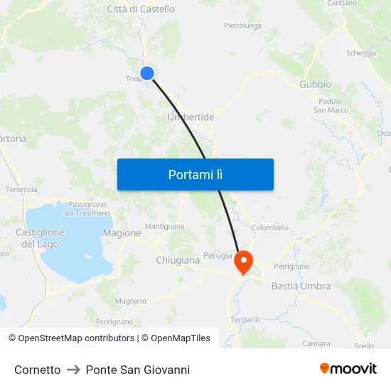 Cornetto to Ponte San Giovanni map