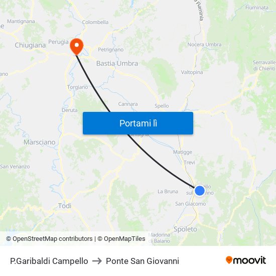 P.Garibaldi Campello to Ponte San Giovanni map