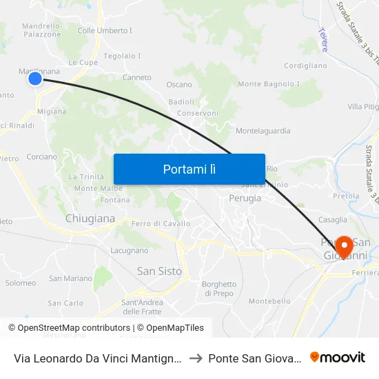 Via Leonardo Da Vinci Mantignana to Ponte San Giovanni map