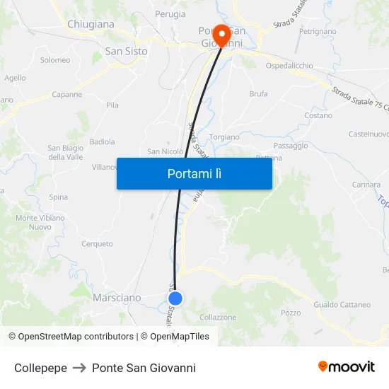 Collepepe to Ponte San Giovanni map