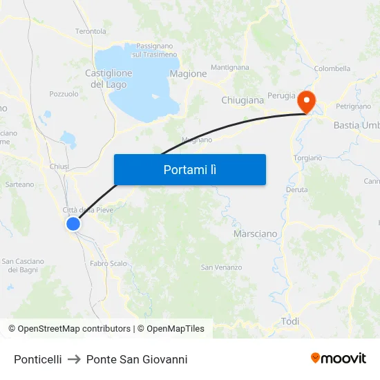 Ponticelli to Ponte San Giovanni map