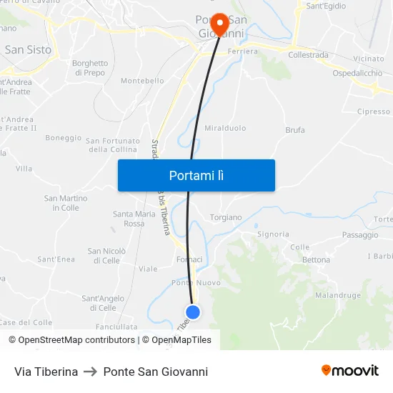 Via Tiberina to Ponte San Giovanni map