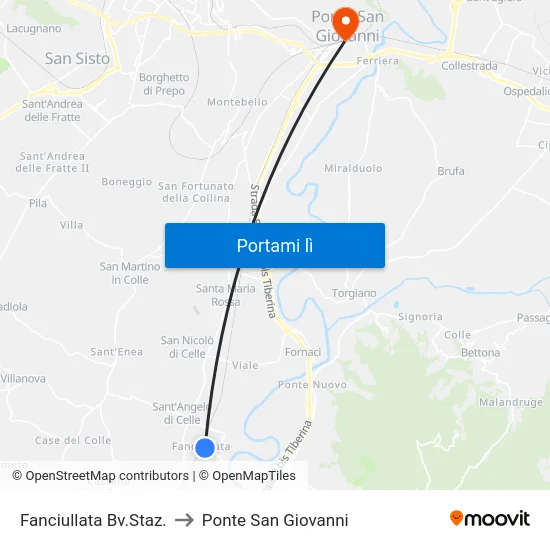 Fanciullata Bv.Staz. to Ponte San Giovanni map