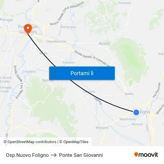 Osp.Nuovo Foligno to Ponte San Giovanni map