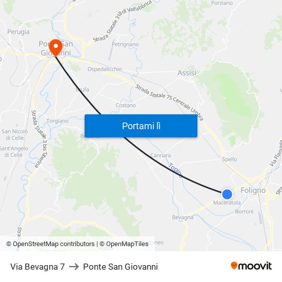 Via Bevagna 7 to Ponte San Giovanni map