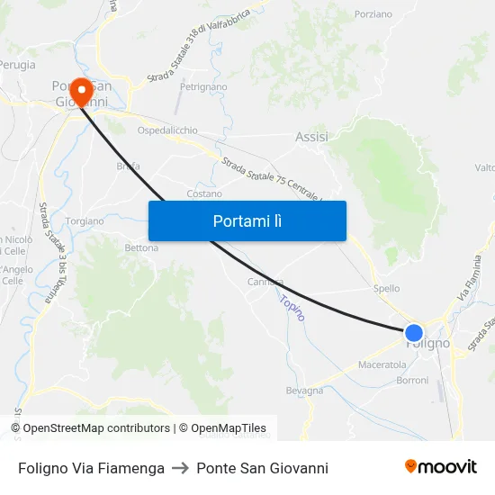 Foligno Via Fiamenga to Ponte San Giovanni map