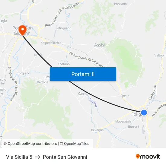 Via Sicilia 5 to Ponte San Giovanni map