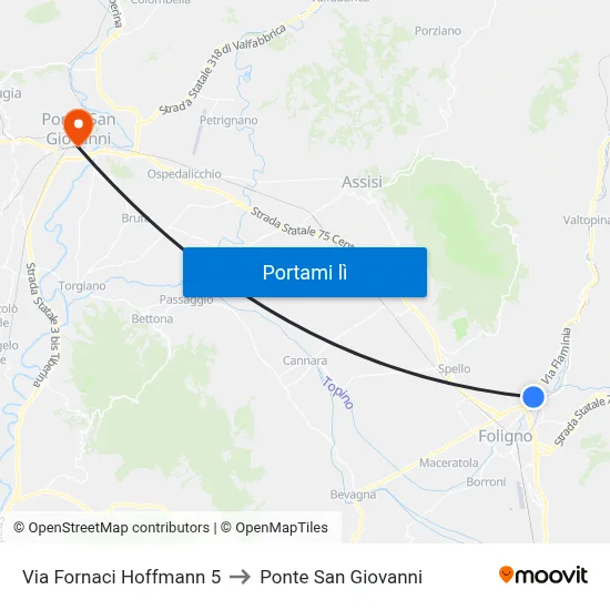 Via Fornaci Hoffmann 5 to Ponte San Giovanni map